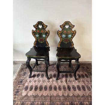 Late 20th Century Four Hand-Carved, Hand-Painted, Alpine Style Floral Bar Stools